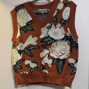 Listicle Floral V-Neck Sweater Vest - Brown and Cream